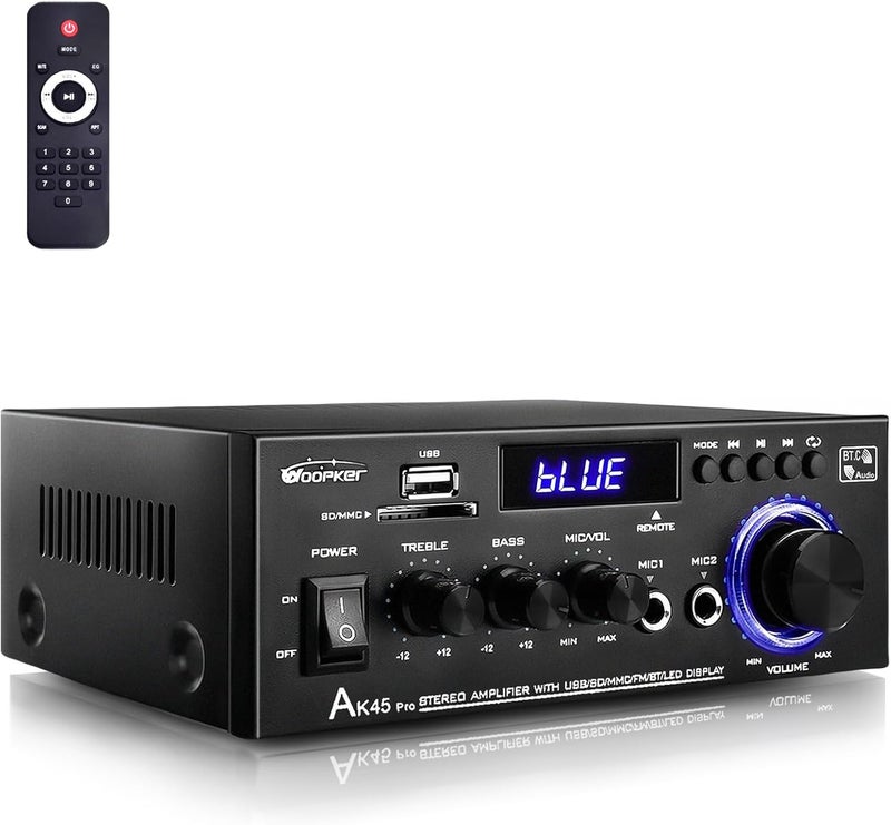 WOOPKER AK45 Pro Amplifier Home Audio Stereo Receivers with Bluetooth 5.0,Max 400W,2.0 Channel Stereo Amplifier System for Home Theater Speakers, Karaoke,Garage,Home Amp with USB,SD,RCA,2 MIC in - Image 1